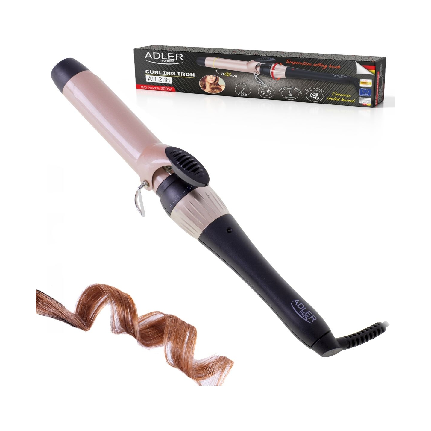 Adler | Curling Iron | AD 2118 | Ceramic heating system | Barrel diameter 32 mm | Temperature (max) 200 °C | 56 W | Black/Pink