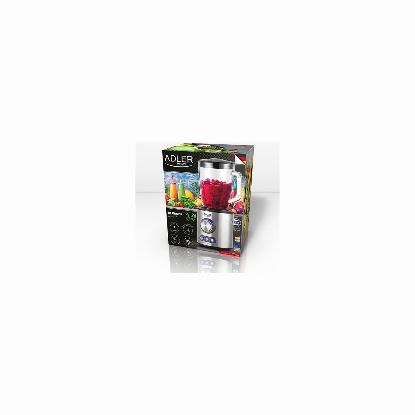 Adler | Blender | AD 4078 | Tabletop | 1700 W | Jar material Glass | Jar capacity 1.5 L | Ice crushing | Stainless steel