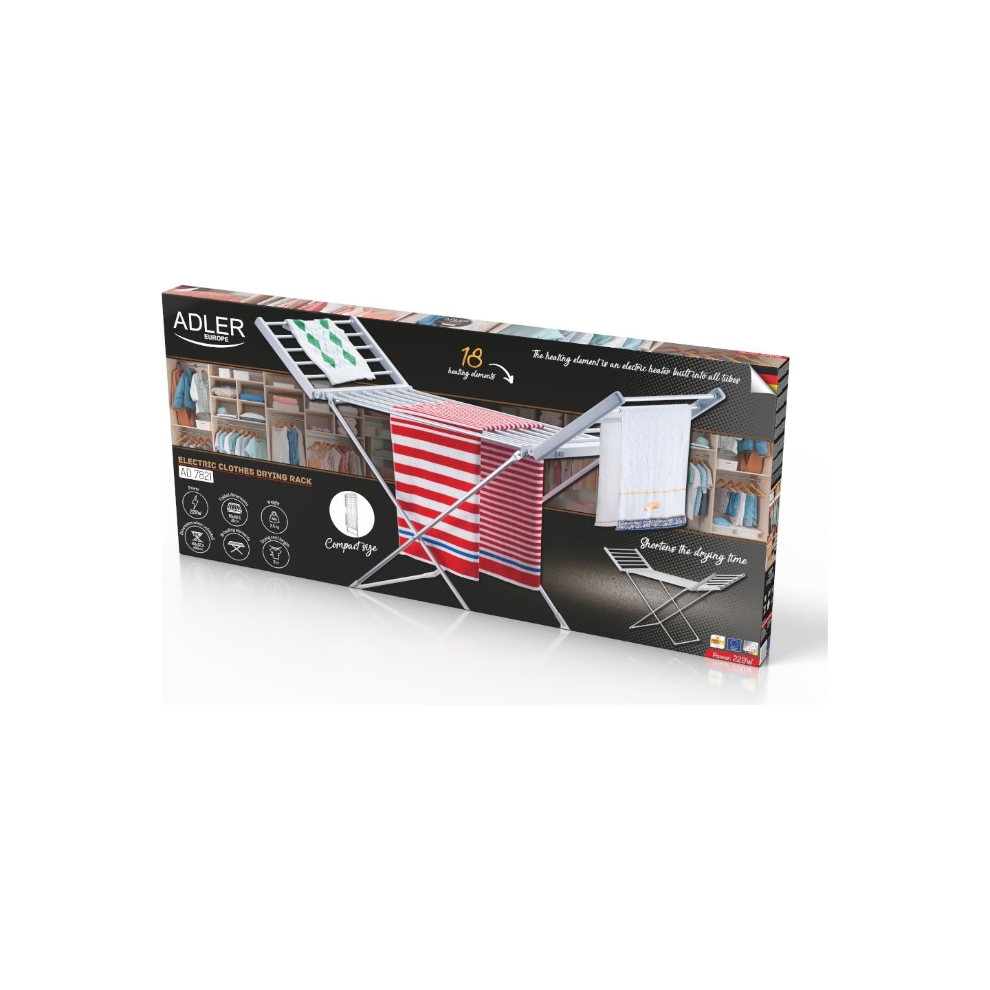 Adler | Foldable electric clothes drying rack | AD 7821 | 220 W | Silver/White