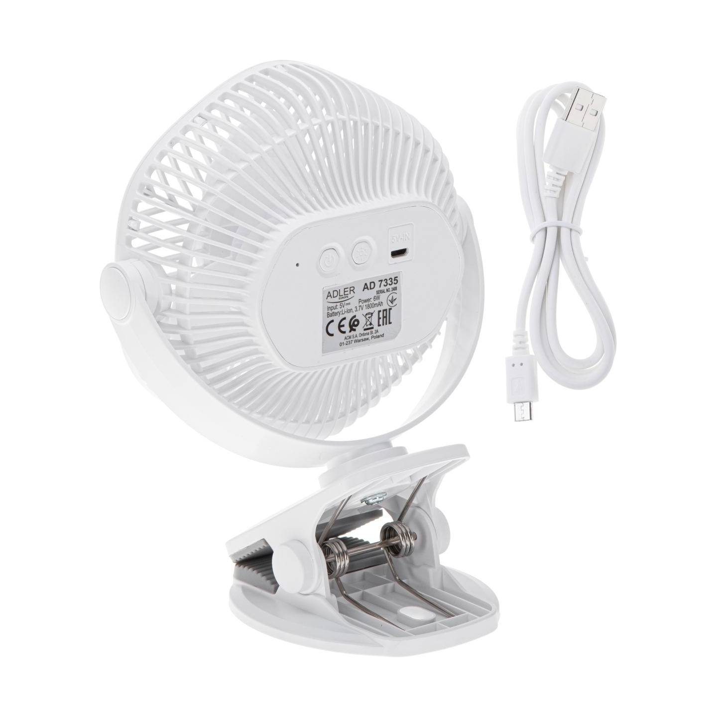Adler Rechargeable fan with clip | AD 7335 | Table Fan | 6 W | Diameter 12.7 cm | Number of speeds 3 | Oscillation | White