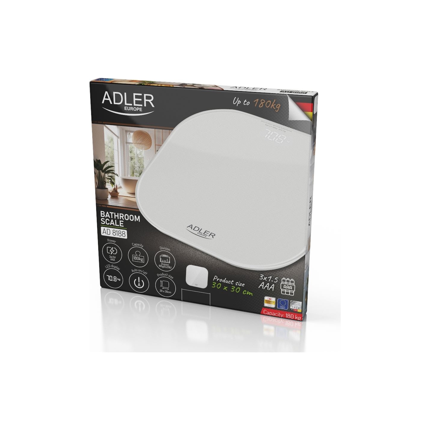 Adler Bathroom Scale | AD 8188 | Maximum weight (capacity) 180 kg | Accuracy 100 g | White