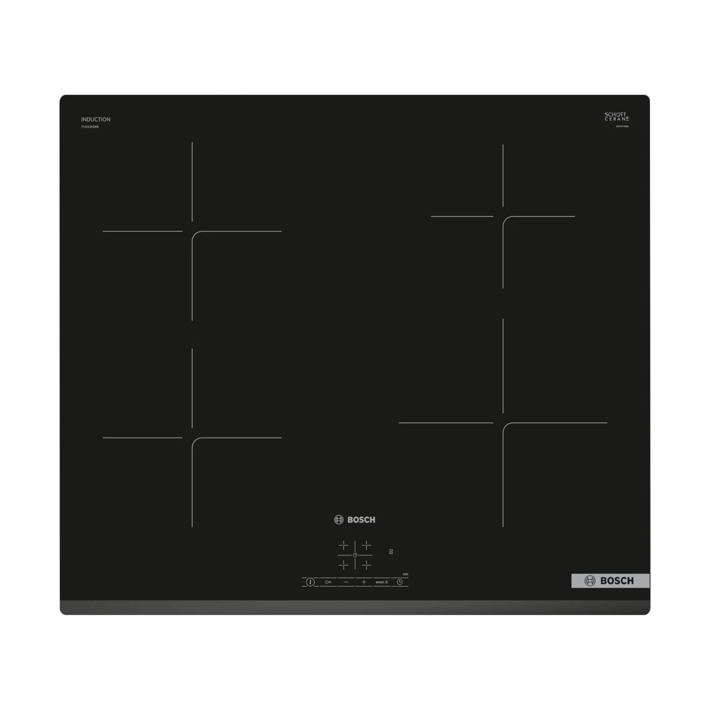 Bosch | Hob | PUE63KBB6E | Induction | Number of burners/cooking zones 4 | Touch | Timer | Black