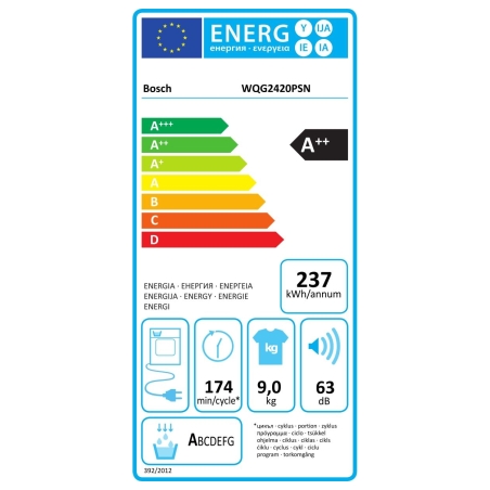 Bosch Dryer Machine | WQG2420PSN | Energy efficiency class A++ | Front loading | 9 kg | Heat pump | LED | Depth 61.3 cm | White