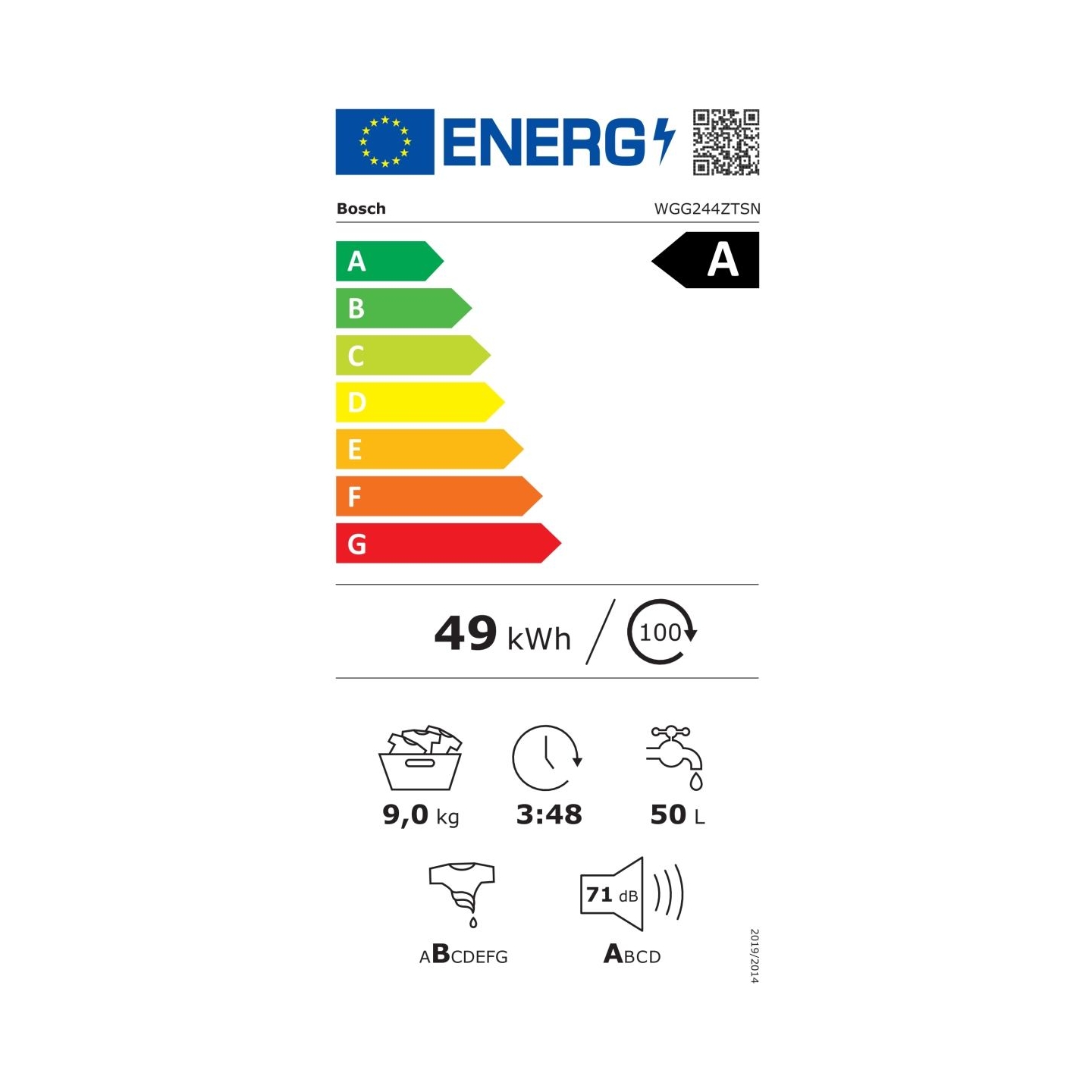Bosch | Washing Machine | WGG244ZTSN | Energy efficiency class A | Front loading | Washing capacity 9 kg | 1400 RPM | Depth 63 c