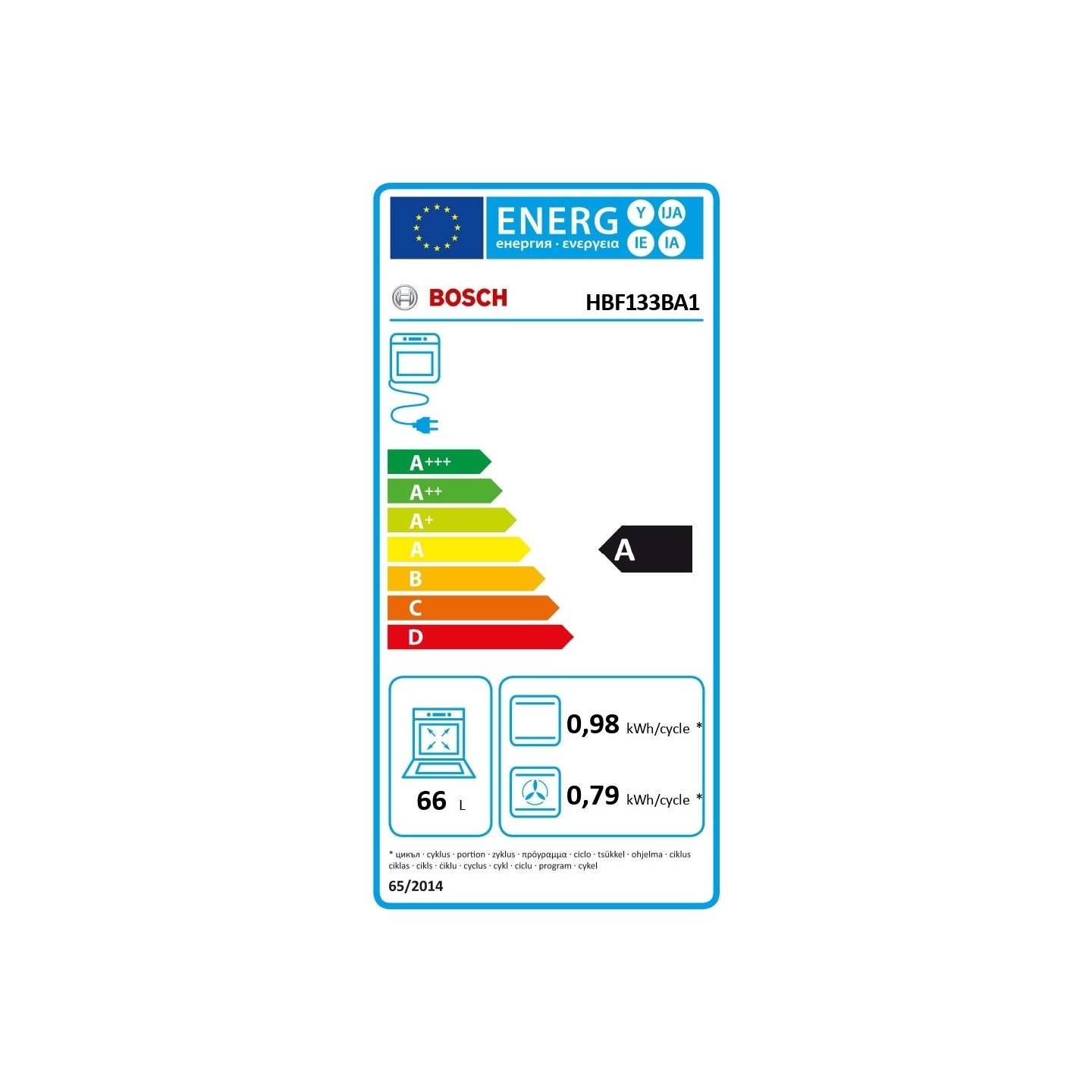 Bosch Oven | HBF133BA1 | 66 L | Electric | EcoClean | Knobs | Height 59.5 cm | Width 59.4 cm | Black