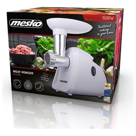 Mesko | Meat mincer | MS 4809 | White | 350 W | Middle size sieve; mince sieve; poppy sieve; plunger; sausage filler