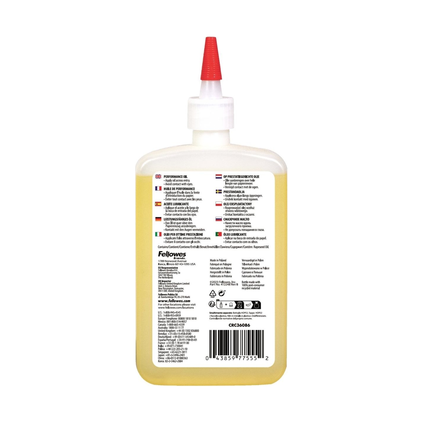 Fellowes | Shredder Oil 355 ml | For use with all Fellowes cross-cut and micro-cut shredders. Oil shredder each time wastebasket