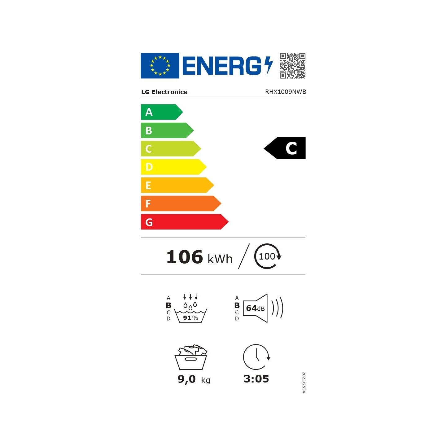 LG Dryer Machine | RHX1009NWB | Energy efficiency class C | Front loading | 9 kg | LED | Heat pump | Depth 66 cm | Wi-Fi | White