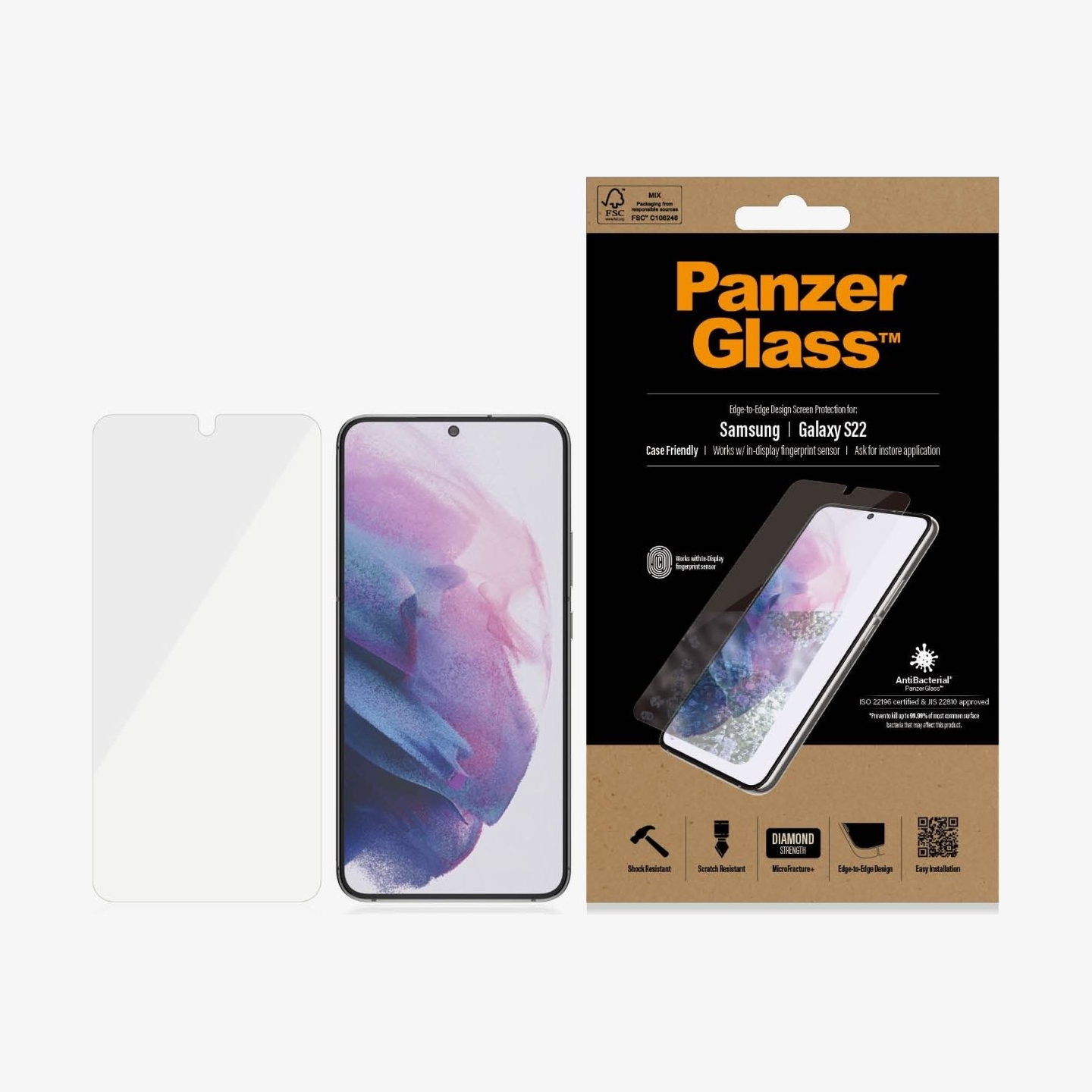Panzerglass | Samsung | Galaxy S22 | Tempered glass | Transparent | Case friendly. Compatible with ultrasonic fingerprint sensor