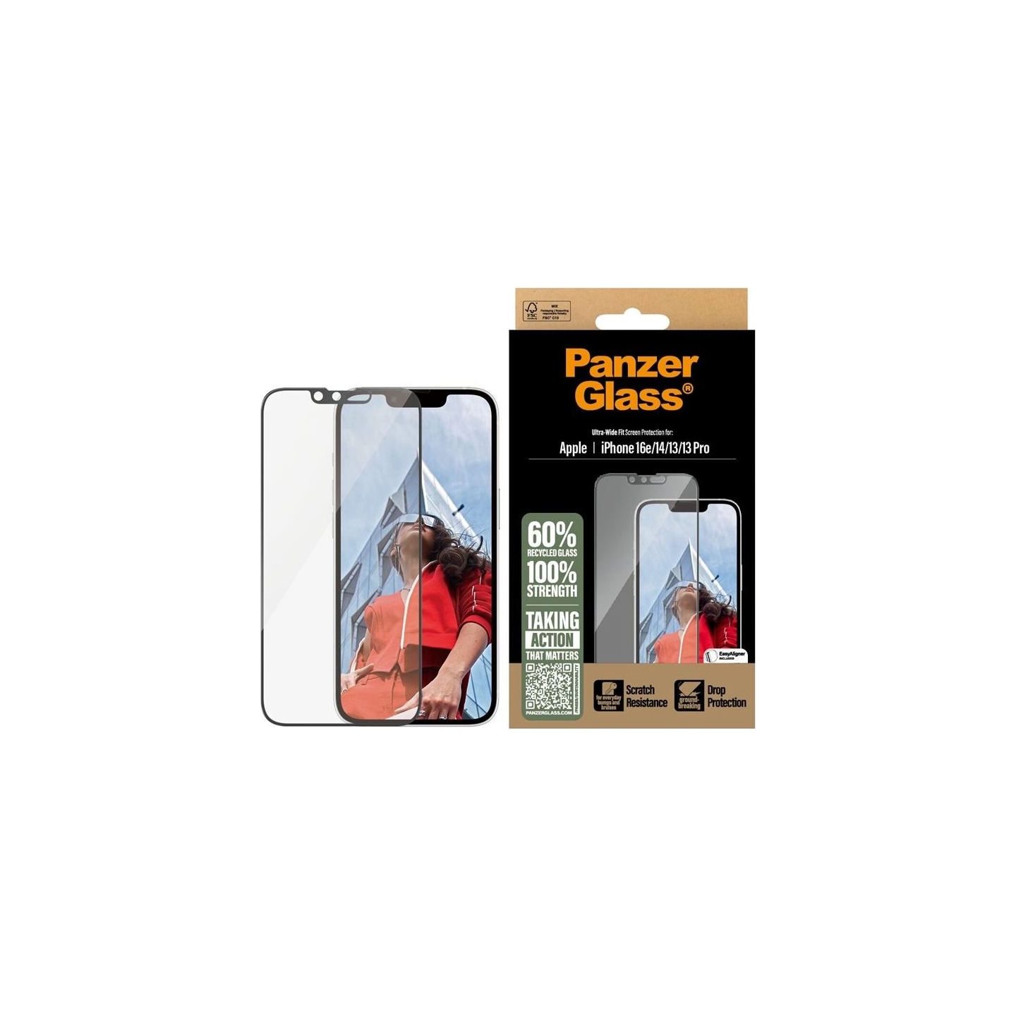 Panzerglass Screen protector | Apple | iPhone 13/iPhone 13 Pro/iPhone 14/iPhone 16e | Glass | Transparent | Ultra-Wide Fit W. Al