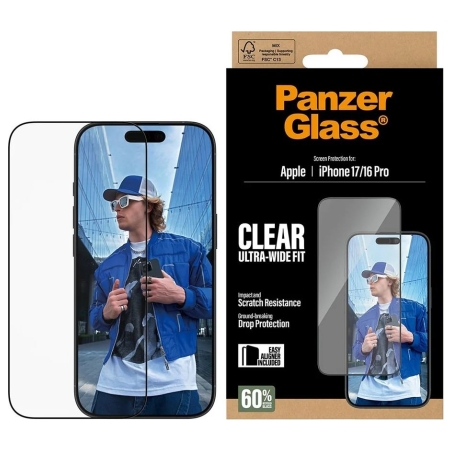 Panzerglass Screen protector | Apple | iPhone 16 Pro/iPhone 17 | Glass | Transparent | Ultra-Wide Fit w. EasyAligner
