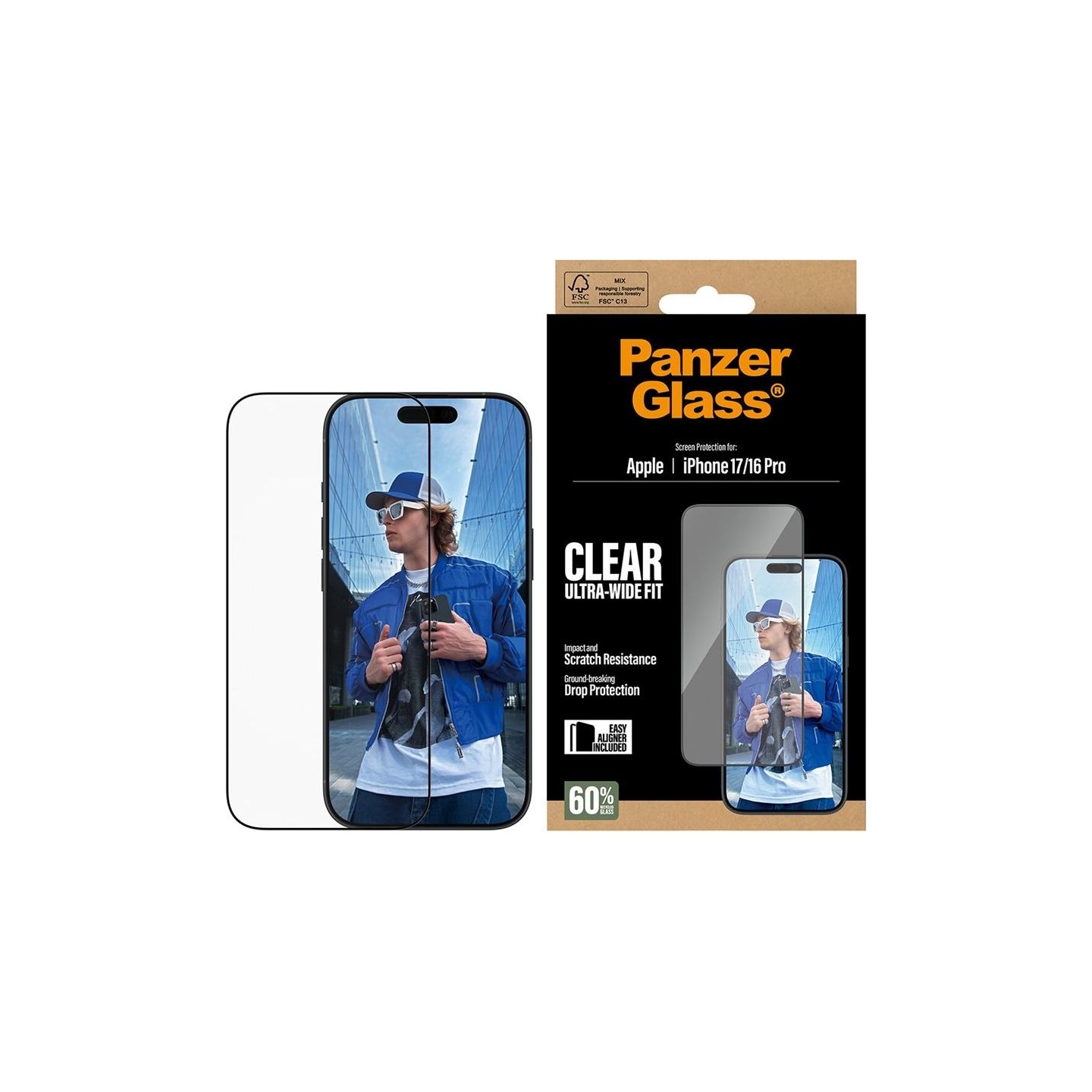 Panzerglass Screen protector | Apple | iPhone 16 Pro/iPhone 17 | Glass | Transparent | Ultra-Wide Fit w. EasyAligner