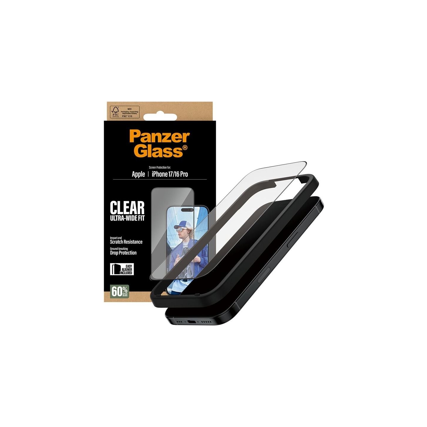 Panzerglass Screen protector | Apple | iPhone 16 Pro/iPhone 17 | Glass | Transparent | Ultra-Wide Fit w. EasyAligner