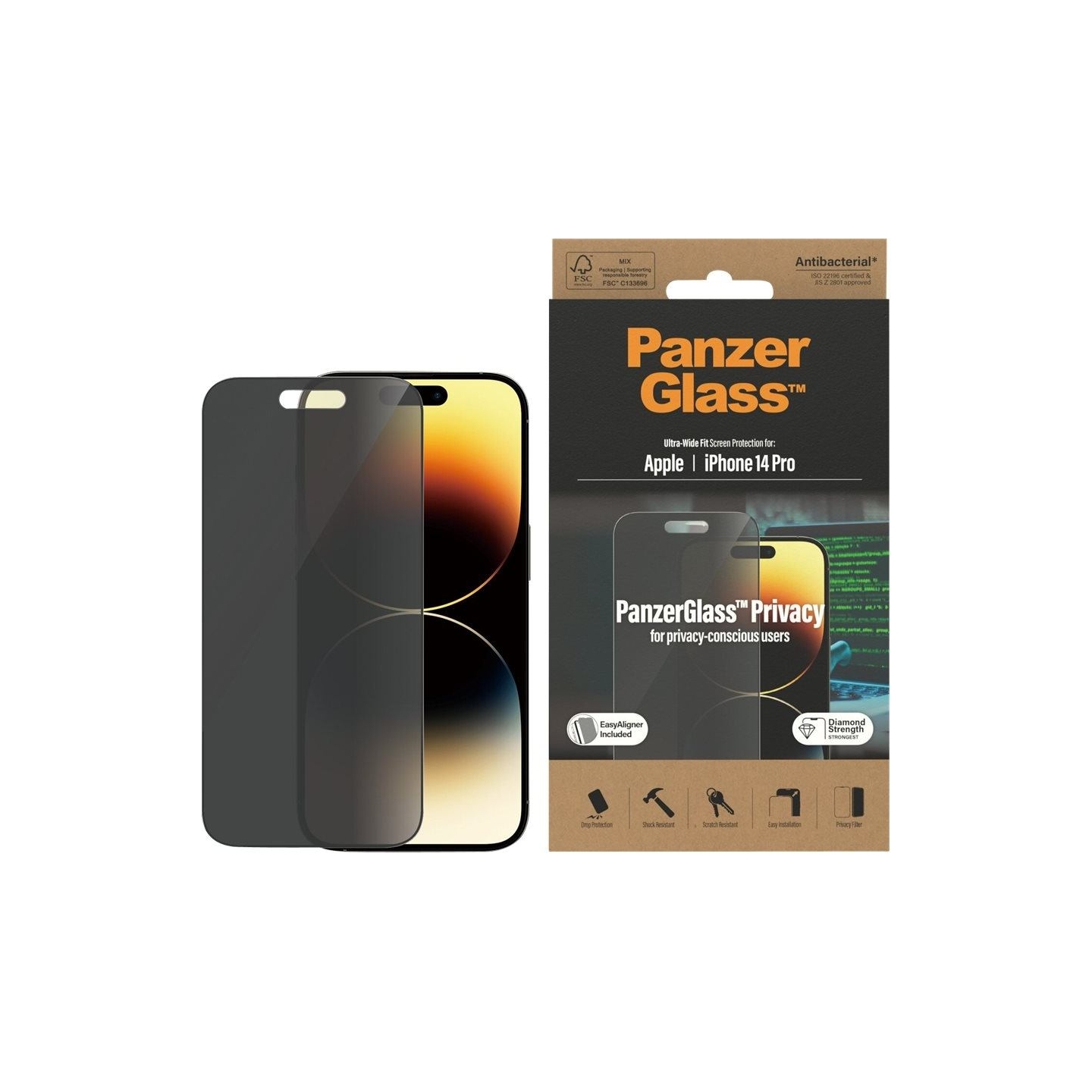 Panzerglass | Screen protector | Apple | iPhone 14 Pro | Glass | Black | Ultra-Wide Fit; Easy installation; Privacy Filter; Fing