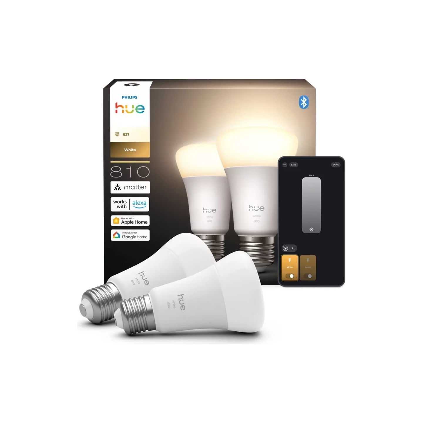 Philips Hue W 810 A60 2P EU | E27 | 7 W | Warm white to cool white light | Bluetooth, Zigbee
