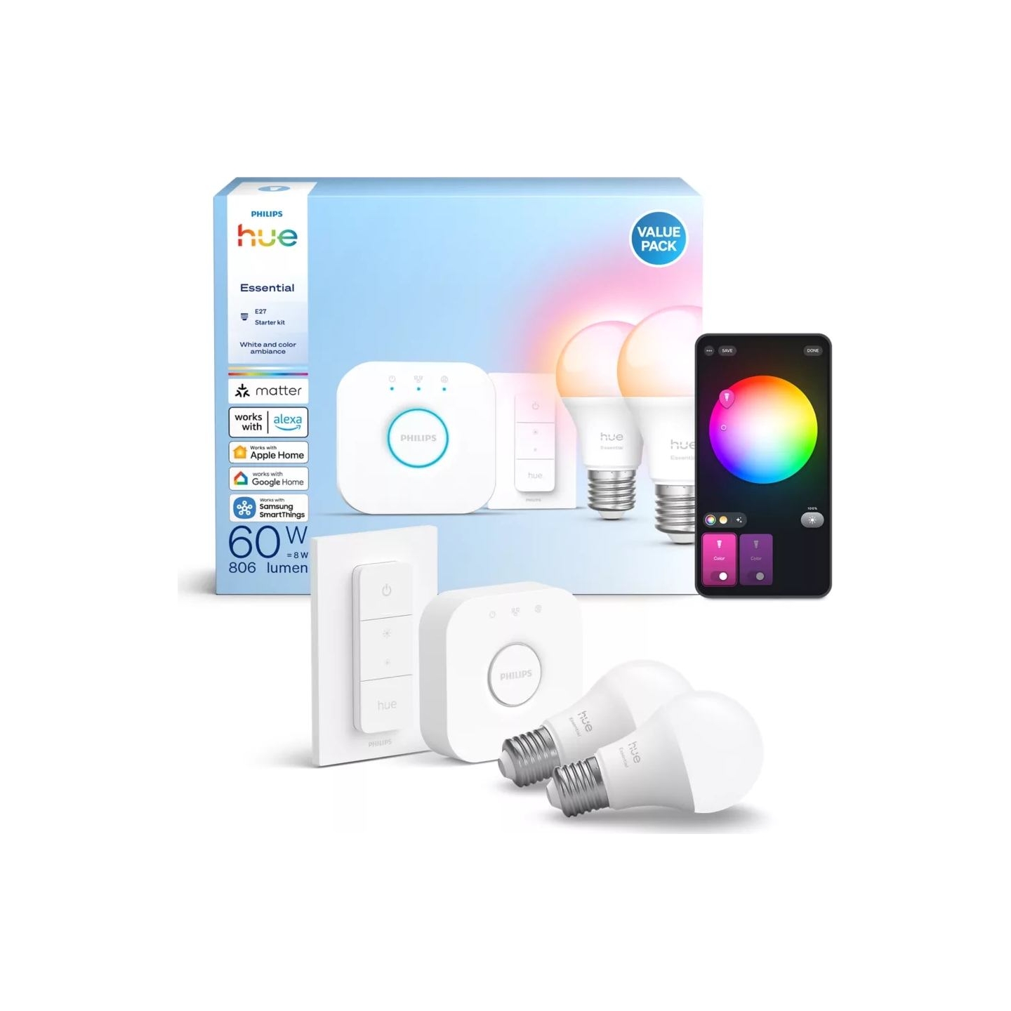 Philips Hue E WCA 806 A60 2kit SW EU | E27 | 8 W | 16 million colors, White and colored light