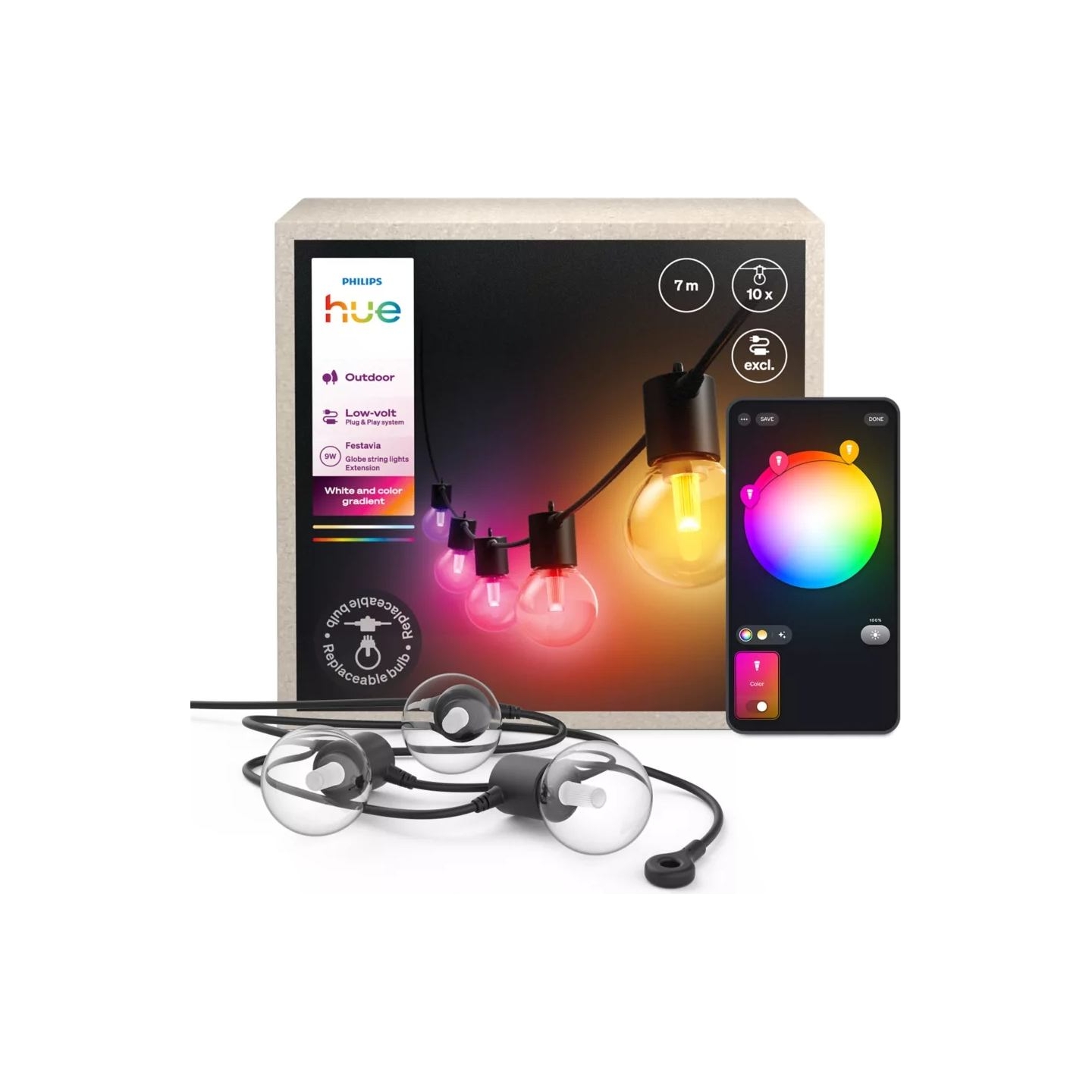 Philips Hue Festavia Globe Outdoor String Lights, 7m Extension | 30 W | Bluetooth, Zigbee