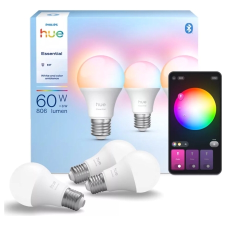 Philips Hue E WCA 806 A60 3P EU | E27 | 8 W | 16 million colours, White and colour light | Bluetooth and Zigbee