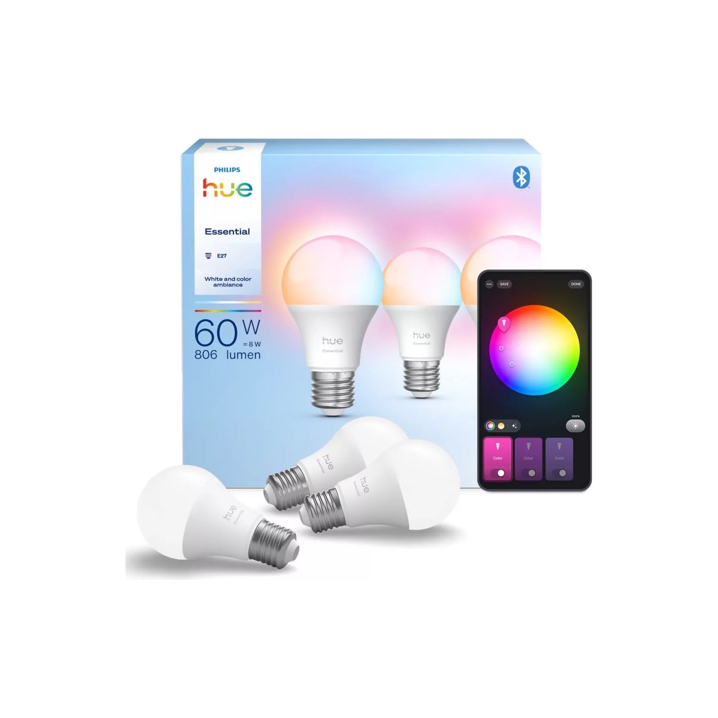 Philips Hue E WCA 806 A60 3P EU | E27 | 8 W | 16 million colours, White and colour light | Bluetooth and Zigbee
