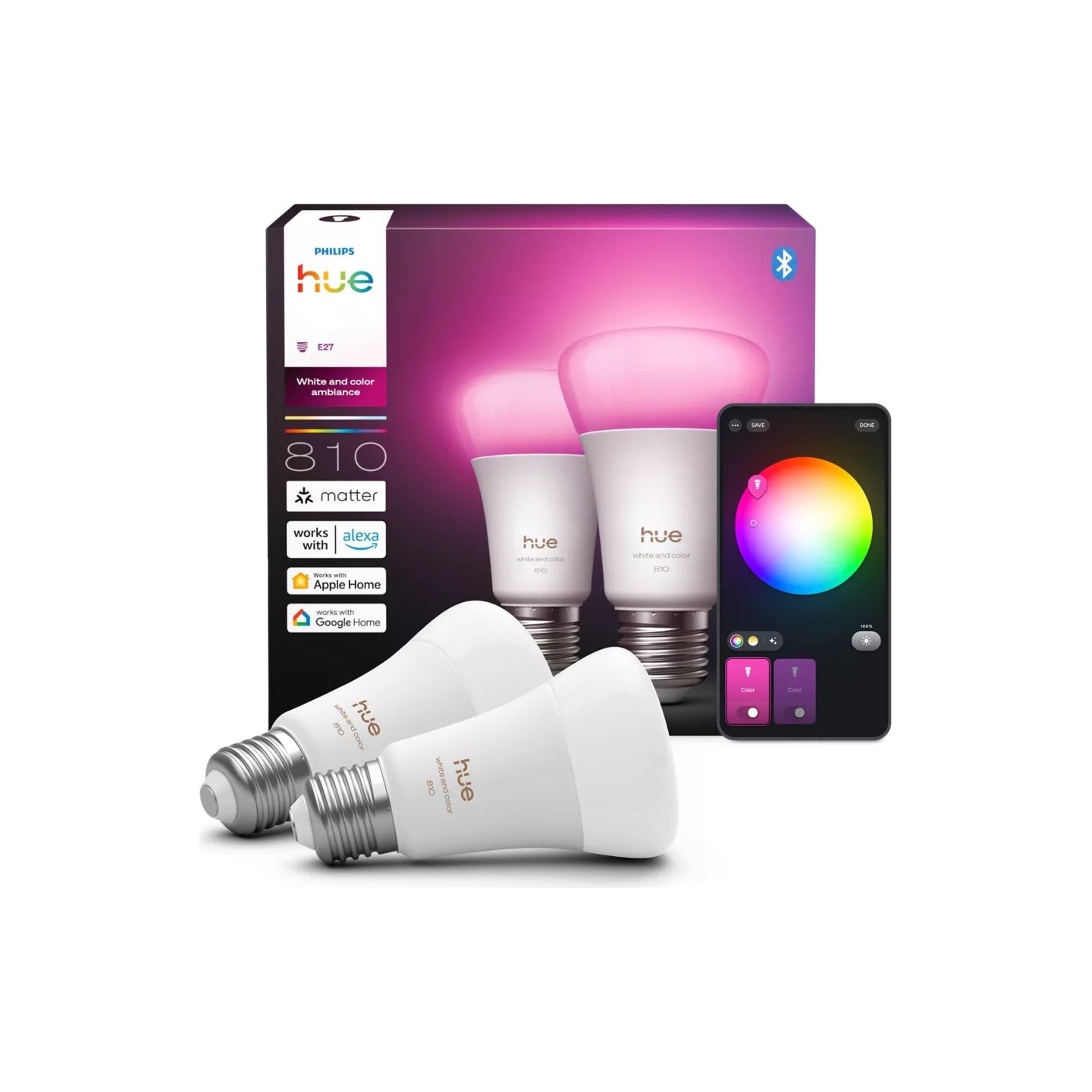 Philips Hue WCA 810 A60 2P EU | E27 | 6 W | White and colour light | Bluetooth and Zigbee