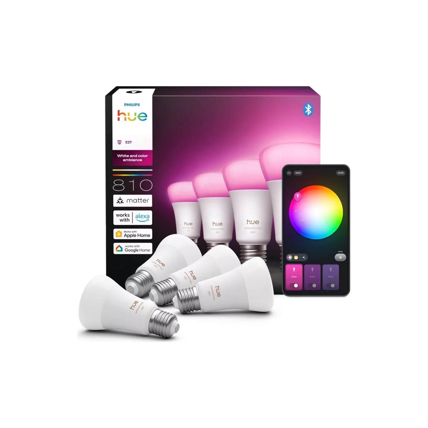 Philips Hue WCA 810 A60 E27 4P EU | E27 | 6 W | White and colour light | Bluetooth and Zigbee
