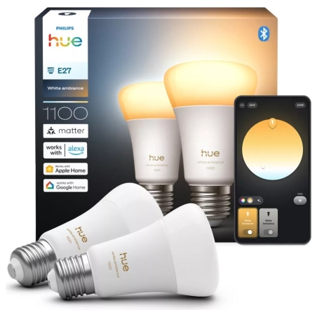 Philips Hue WA 1100 A60 2P EU | E27 | 8.1 W | Warm to cool white light | Bluetooth and Zigbee