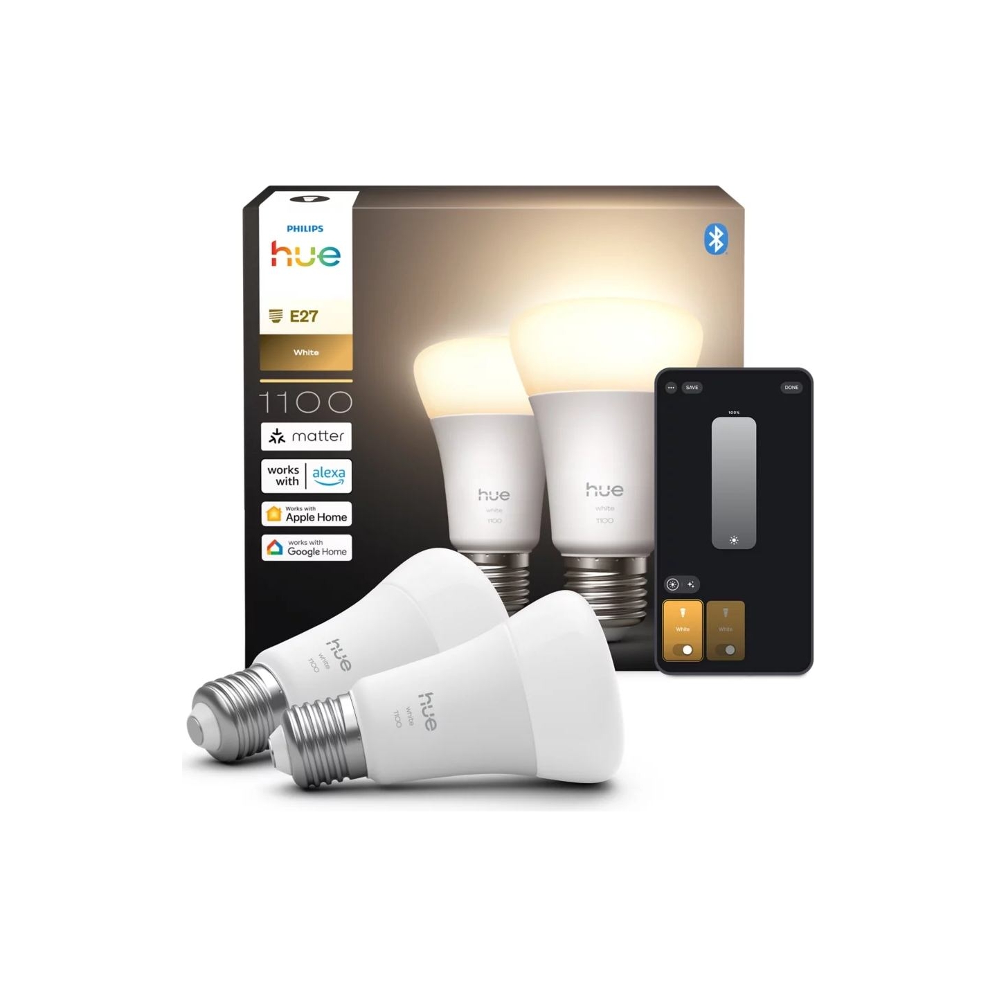 Philips Hue W 1100 A60 2P EU | E27 | 9.5 W | Soft white light | Bluetooth and Zigbee
