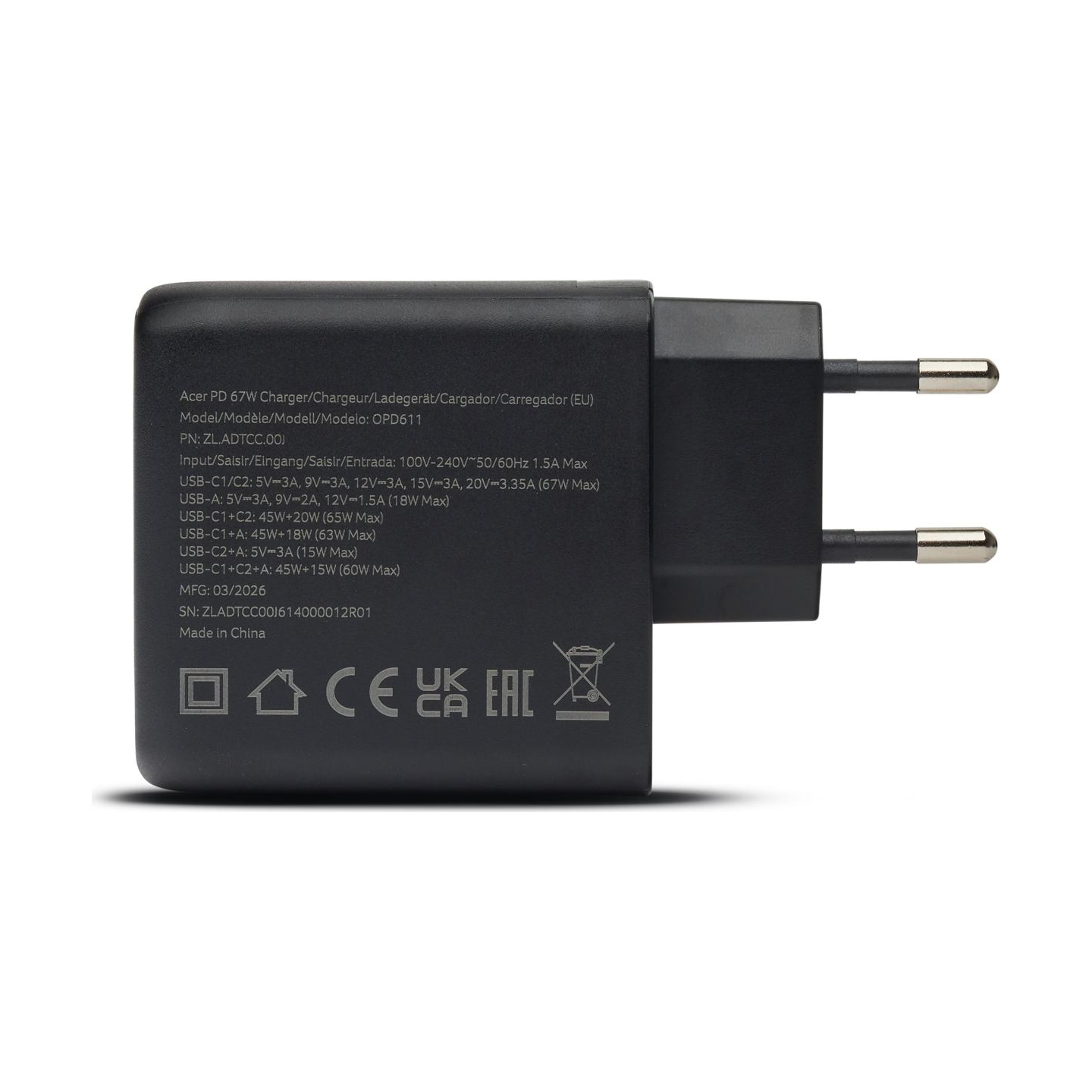 Acer 67W PD GaN Charger, 2 x USB C and 1 x USB A, EU Plug, 100W USB C cable, Retail Pack