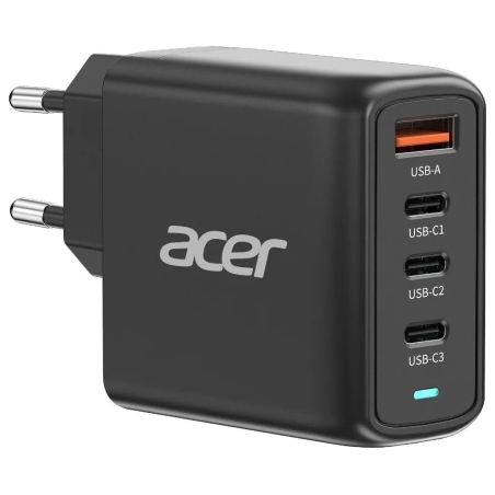 Acer 100W PD GaN Charger, 3 x USB C and 1 x USB A, EU Plug, 100W USB-C cable, Black, Retail Pack