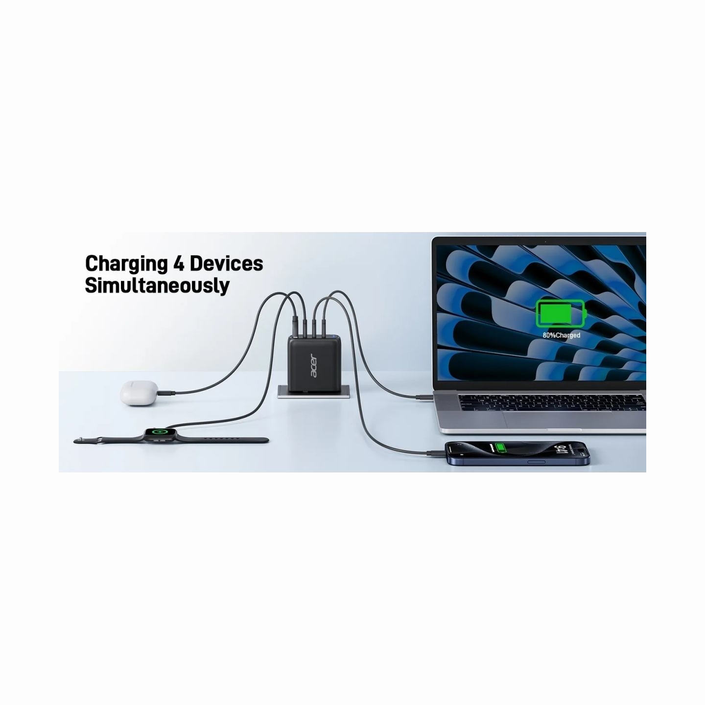 Acer 100W PD GaN Charger, 3 x USB C and 1 x USB A, EU Plug, 100W USB-C cable, Black, Retail Pack