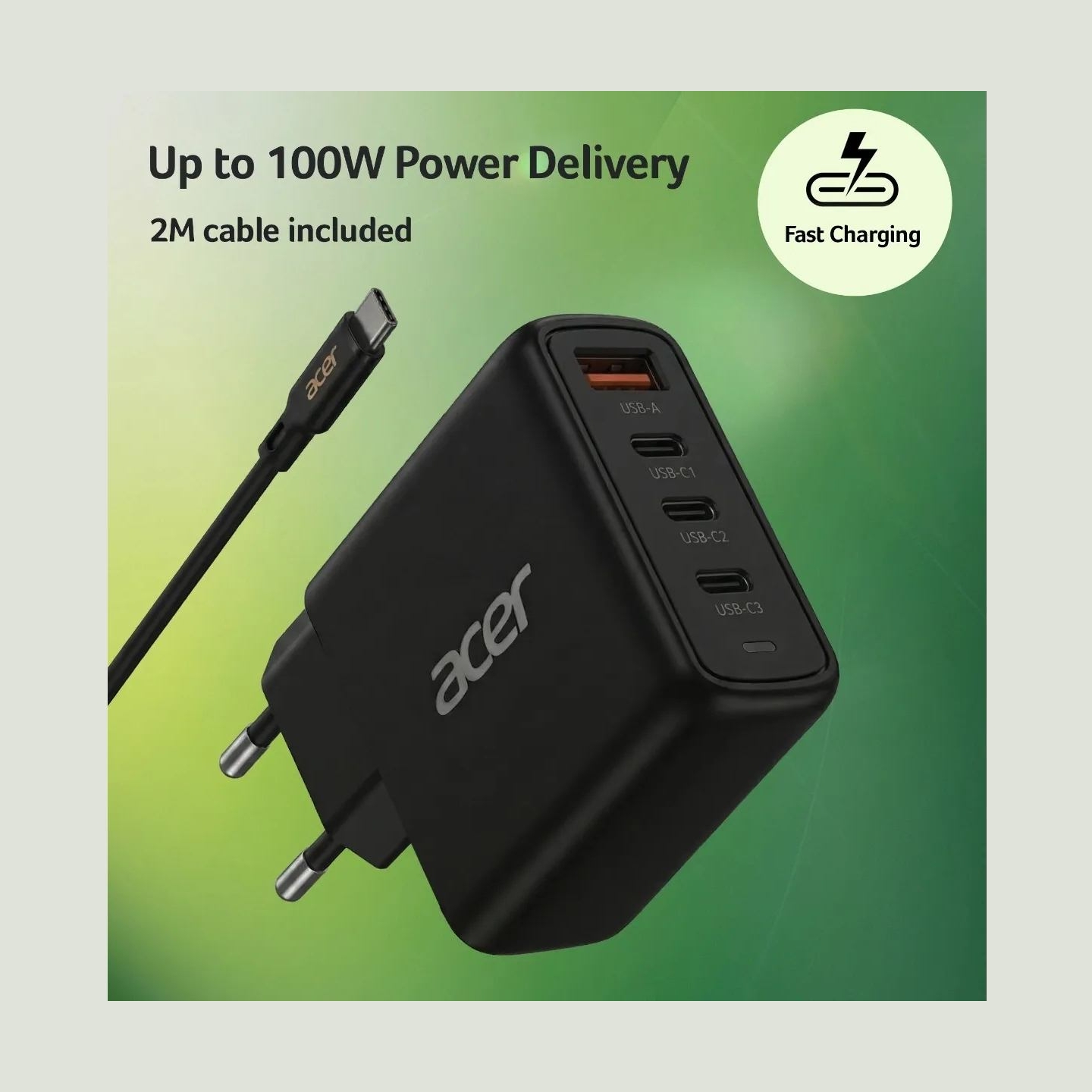 Acer 100W PD GaN Charger, 3 x USB C and 1 x USB A, EU Plug, 100W USB-C cable, Black, Retail Pack