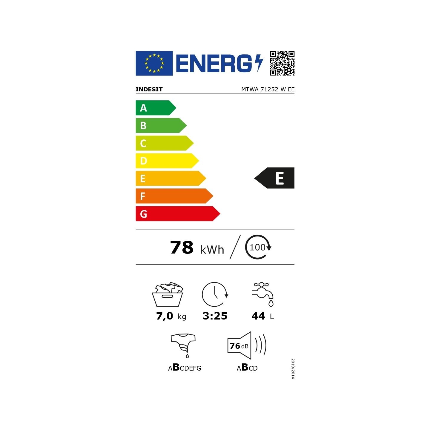 Indesit | Washing machine | MTWA 71252 W EE | Energy efficiency class E | Front loading | Washing capacity 7 kg | 1200 RPM | Dep