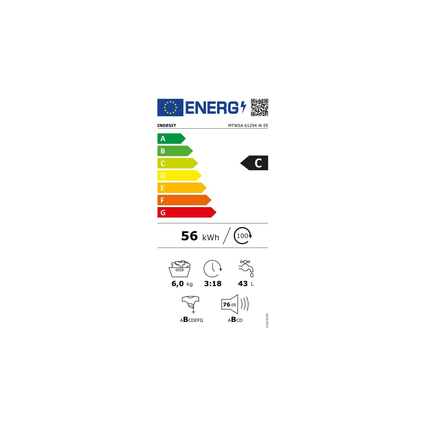 Indesit | Washing Machine | MTWSA 61294 W EE | Energy efficiency class C | Front loading | Washing capacity 6 kg | 1200 RPM | De