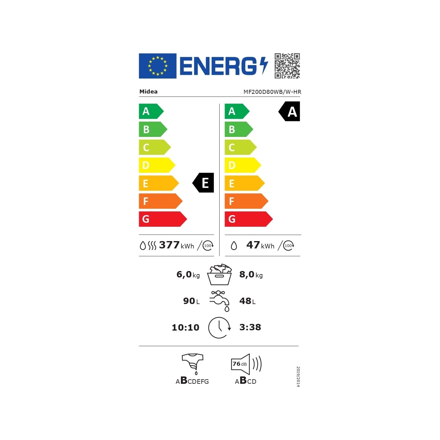 Midea Washing Machine with Dryer | MF200D80WB/W-HR | Energy efficiency class A/E | Front loading | Washing capacity 8 kg | 1400 