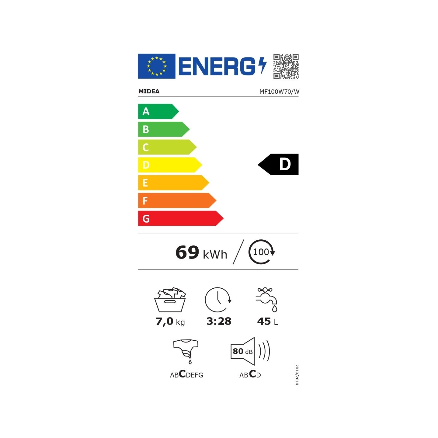 Midea Washing Machine | MF100W70/W | Energy efficiency class D | Front loading | Washing capacity 7 kg | 1200 RPM | Depth 40 cm 