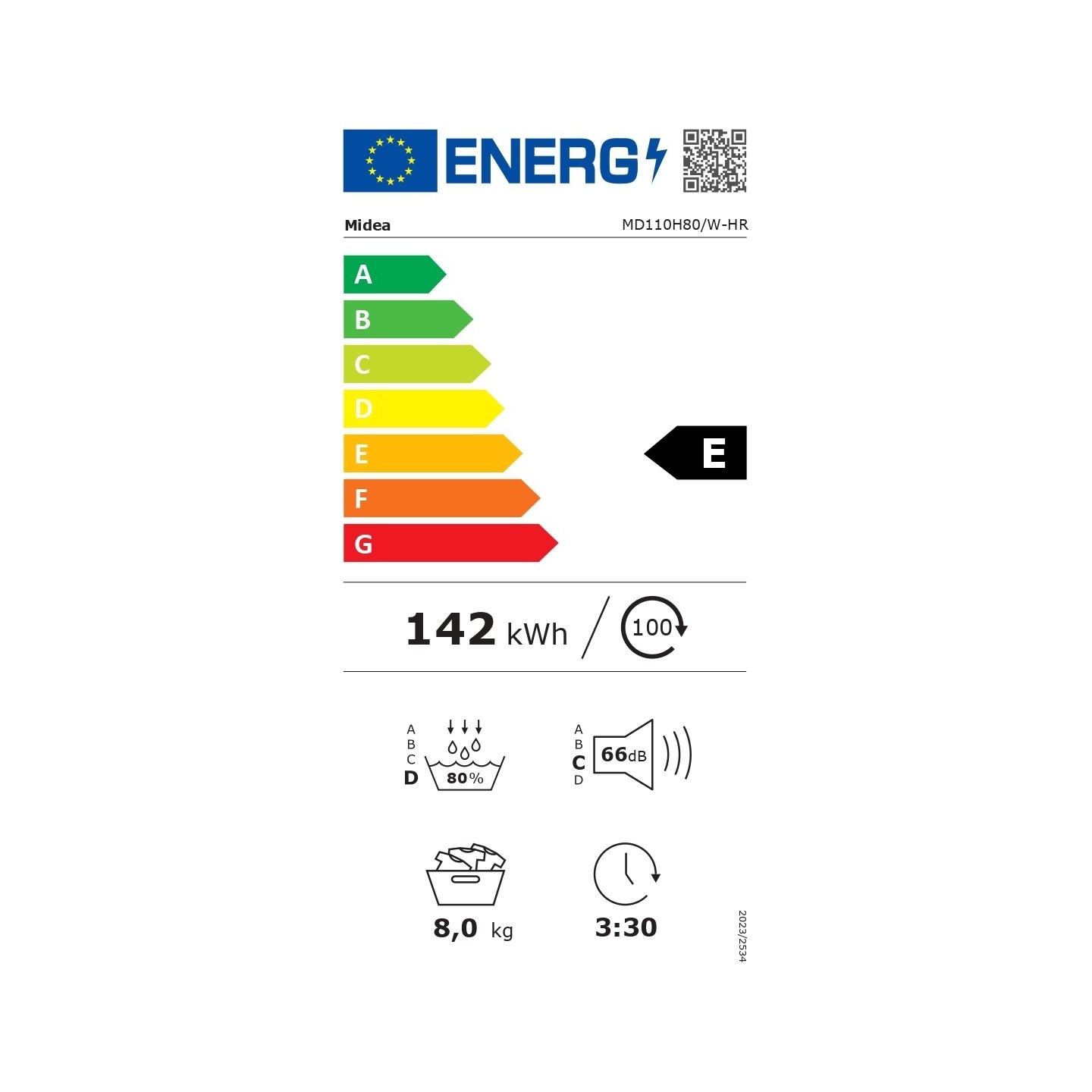 Midea Dryer Machine | MD110H80/W-HR | Energy efficiency class E | Front loading | 8 kg | Heat pump | LED | Depth 60 cm | White