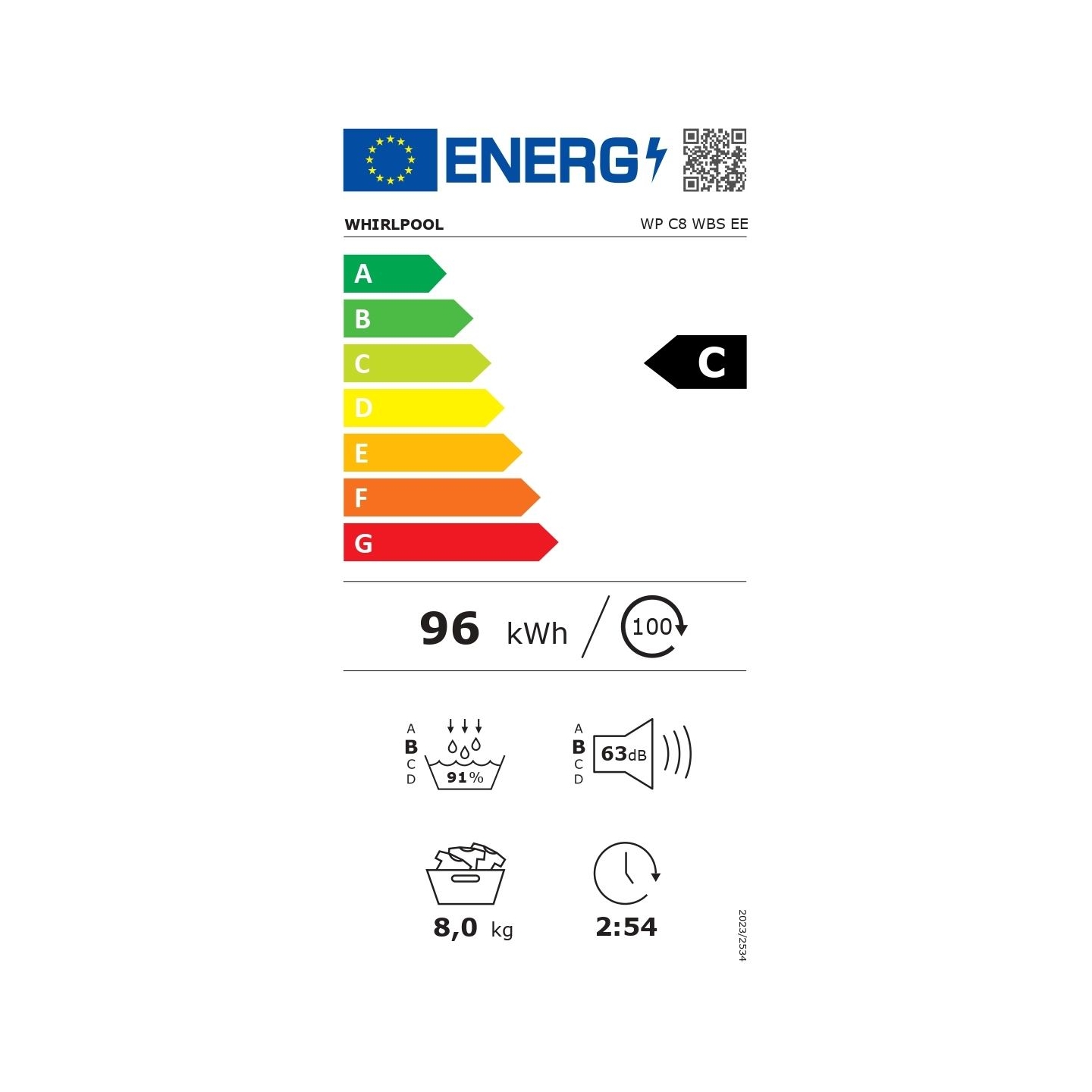 Whirlpool Dryer Machine | WP C8 WBS EE | Energy efficiency class C | Front loading | 8 kg | Digital | Depth 61 cm | Steam functi
