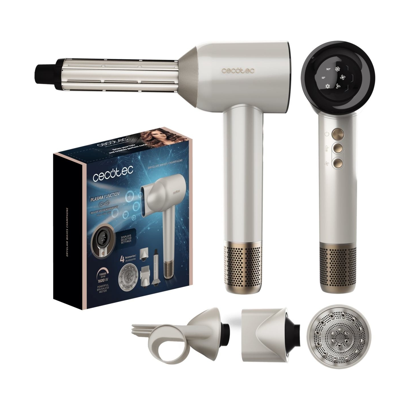Cecotec Hair dryer | DryGlam Waves Champagne | 1600 W | Number of temperature settings 3 | Ionic function | Champagne | Diffuser