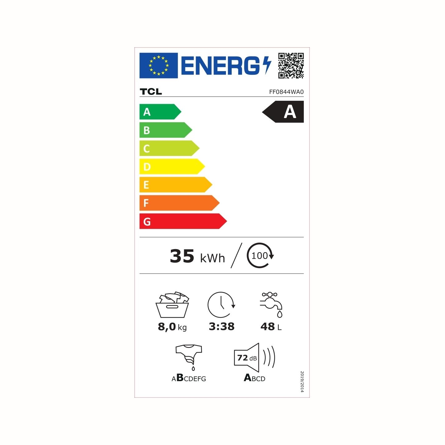 TCL Washing machine | FF0844WA0 | Energy efficiency class A | Front loading | Washing capacity 8 kg | 1400 RPM | Depth 52 cm | W