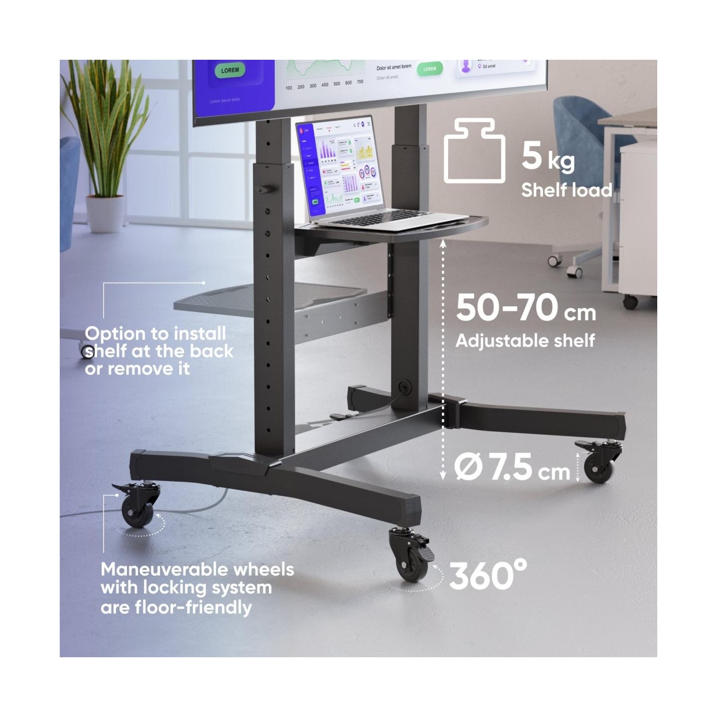 Onkron Mobile TV Stand Rolling TV Cart for 50 to 100-Inch Screens up to 120 kg, black