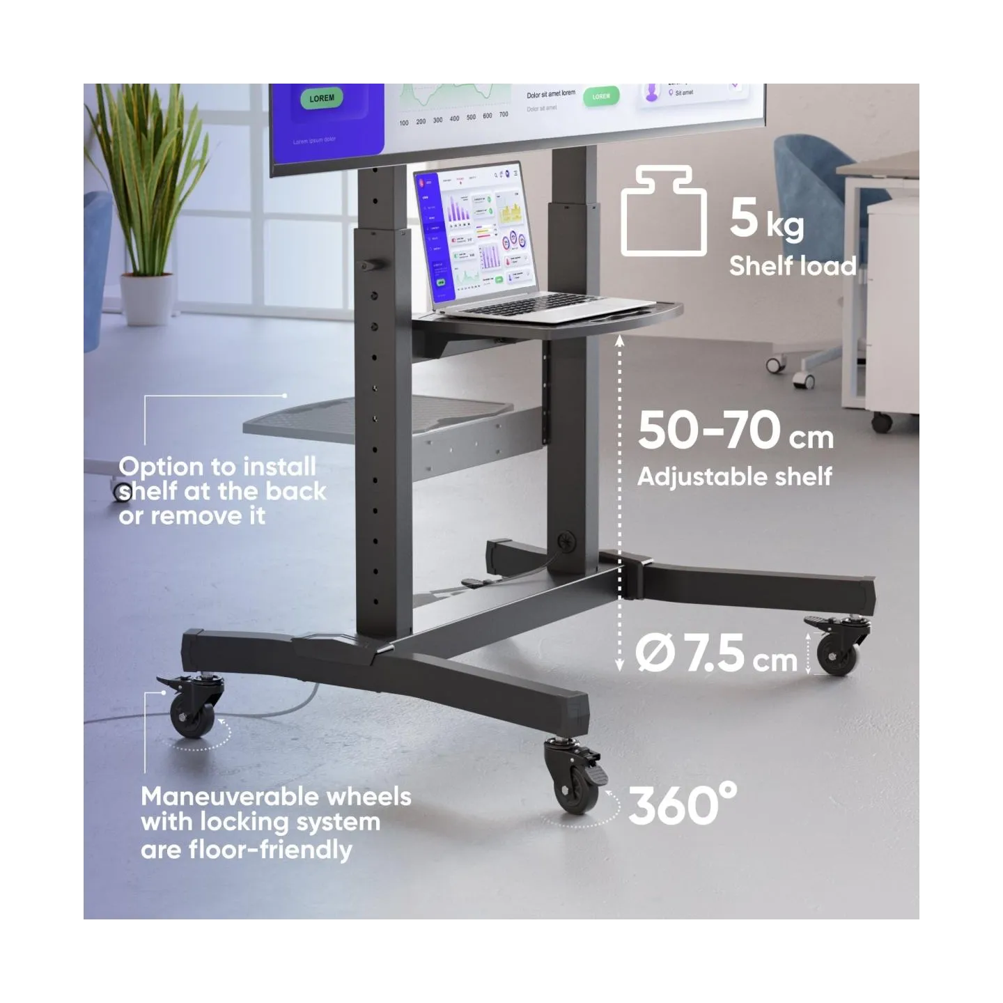 Onkron Mobile TV Stand Rolling TV Cart for 50 to 100-Inch Screens up to 120 kg, black