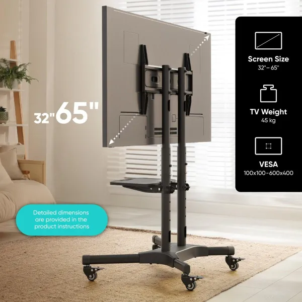 Onkron Mobile TV Stand Rolling TV Cart for 40 to 65 Inch LCD LED TV Screens, Black