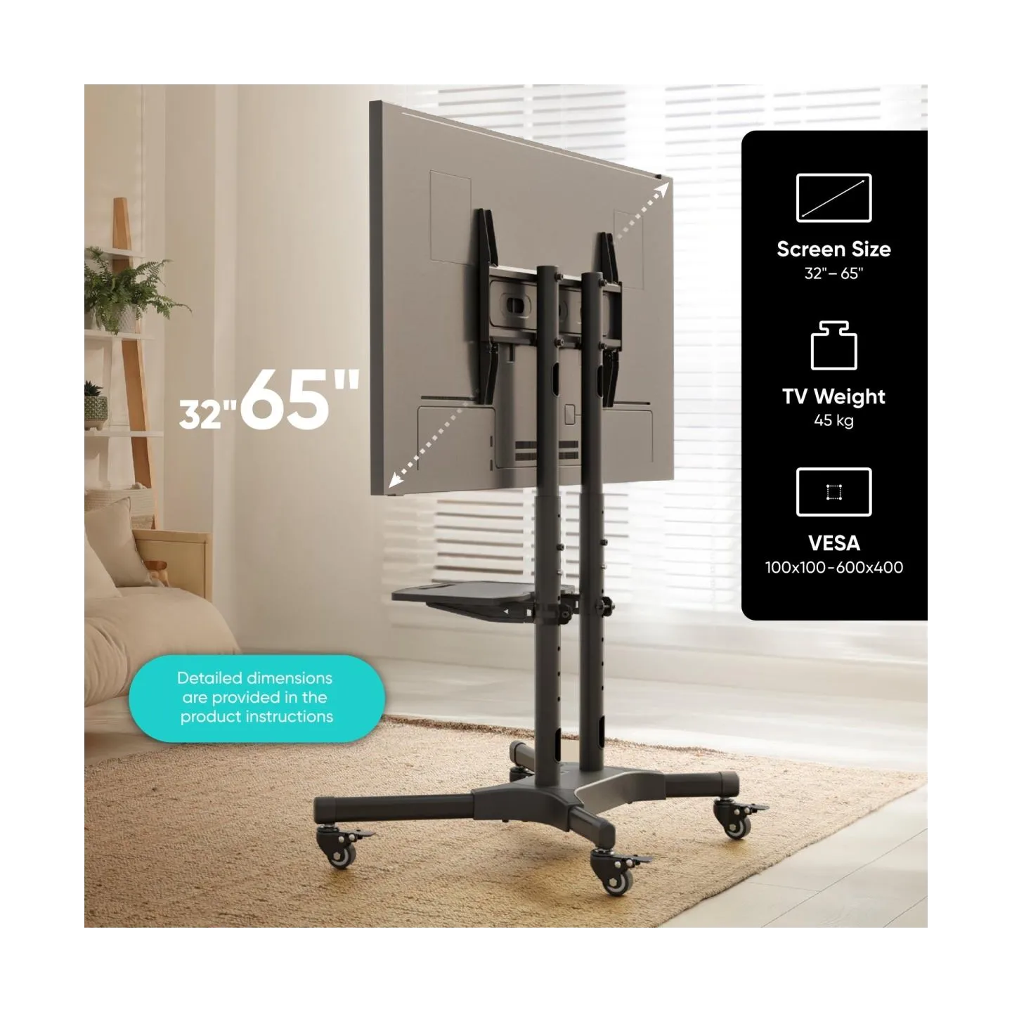 Onkron Mobile TV Stand Rolling TV Cart for 40 to 65 Inch LCD LED TV Screens, Black