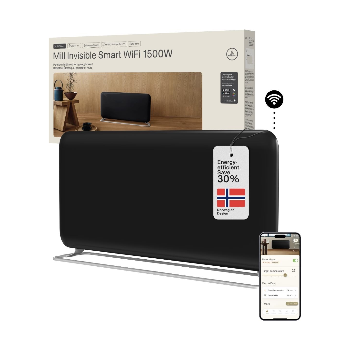 Mill Invisible Smart WiFi Panel heater Gen. 4 , 1500 W, For rooms 18-22 m², Black