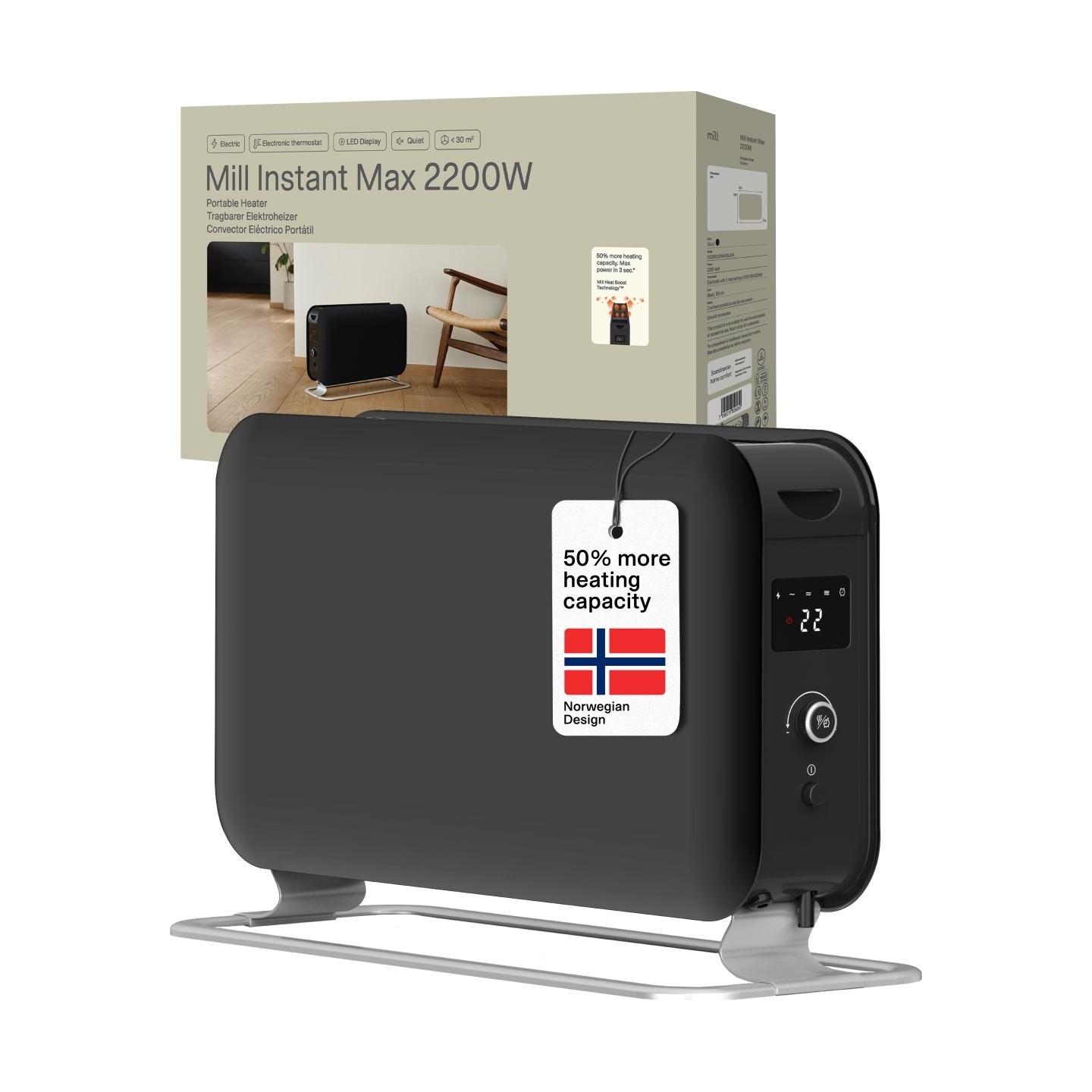 Mill Instant Max Led Portable Convection heater, 2200 W, Black