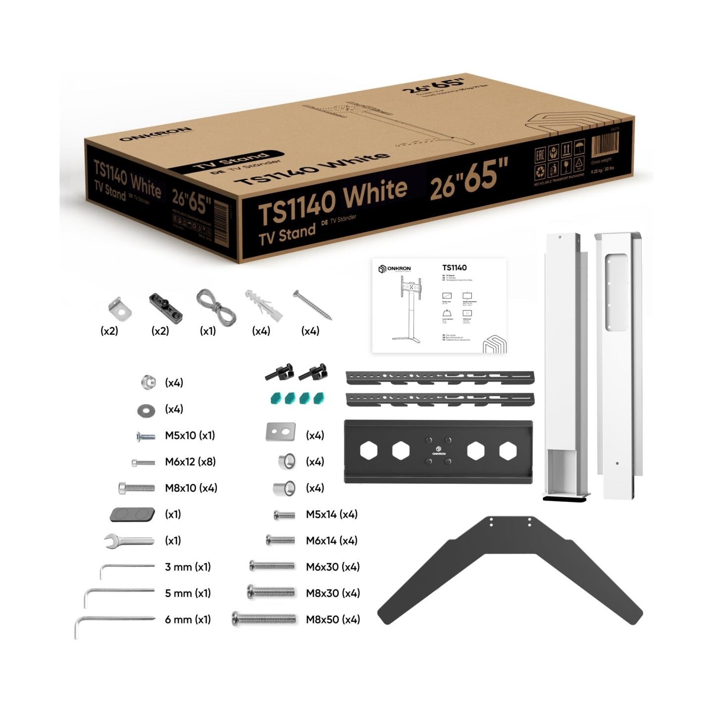 Onkron TV SET ACC FLOOR STAND /26-65"/WHITE TS1140-W ONKRON
