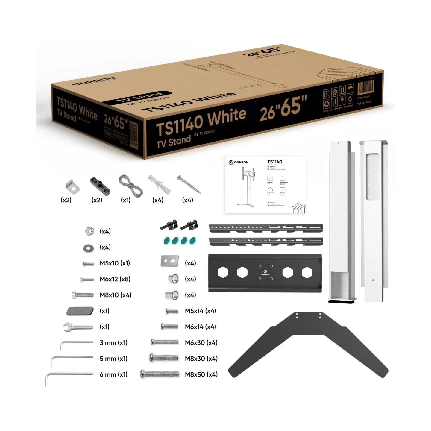 Onkron TV SET ACC FLOOR STAND /26-65"/WHITE TS1140-W ONKRON