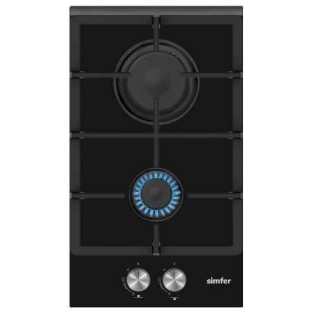 Simfer | Hob | H3.201.TGRSP | Gas on glass | Number of burners/cooking zones 2 | Rotary knobs | Black