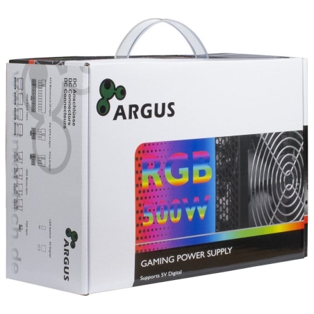 Inter-Tech Power Supply INTER-TECH Argus RGB, 80PLUS Bronze, 500W, Retail, 1x140 Fan, 1x20+4Pin, 4+4Pin, 1xPCI-e 6+2Pin, 4x4Pin 
