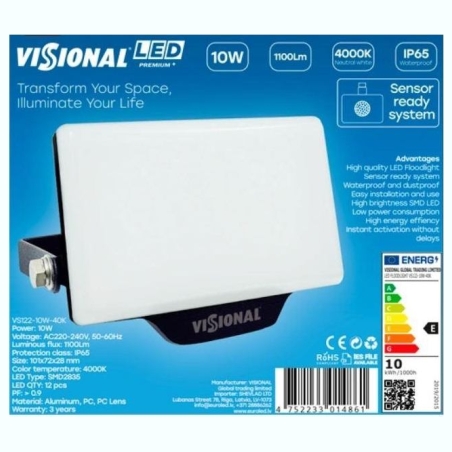 Visional Lamp|VISIONAL|Power consumption 10 Watts|Luminous flux 1100 Lumen|4000 K|AC220-240V|Beam angle 120 degrees|VS122-10W-40